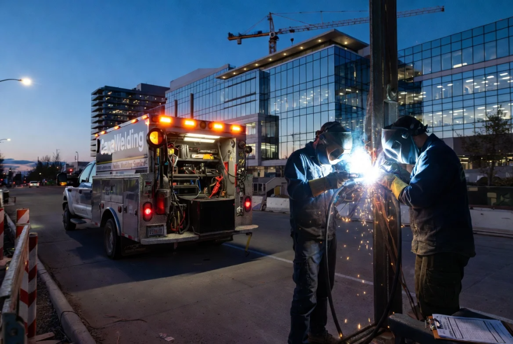 1 Wide professional on-site photograph of a CWB-certified CanaWelding mobile welder performing urgent emergency repair