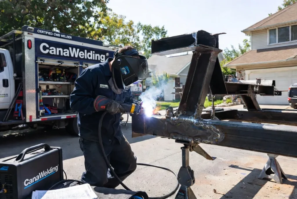 1 Wide professional on-site photograph of a CWB-certified CanaWelding mobile welder repairing a cracked trailer frame