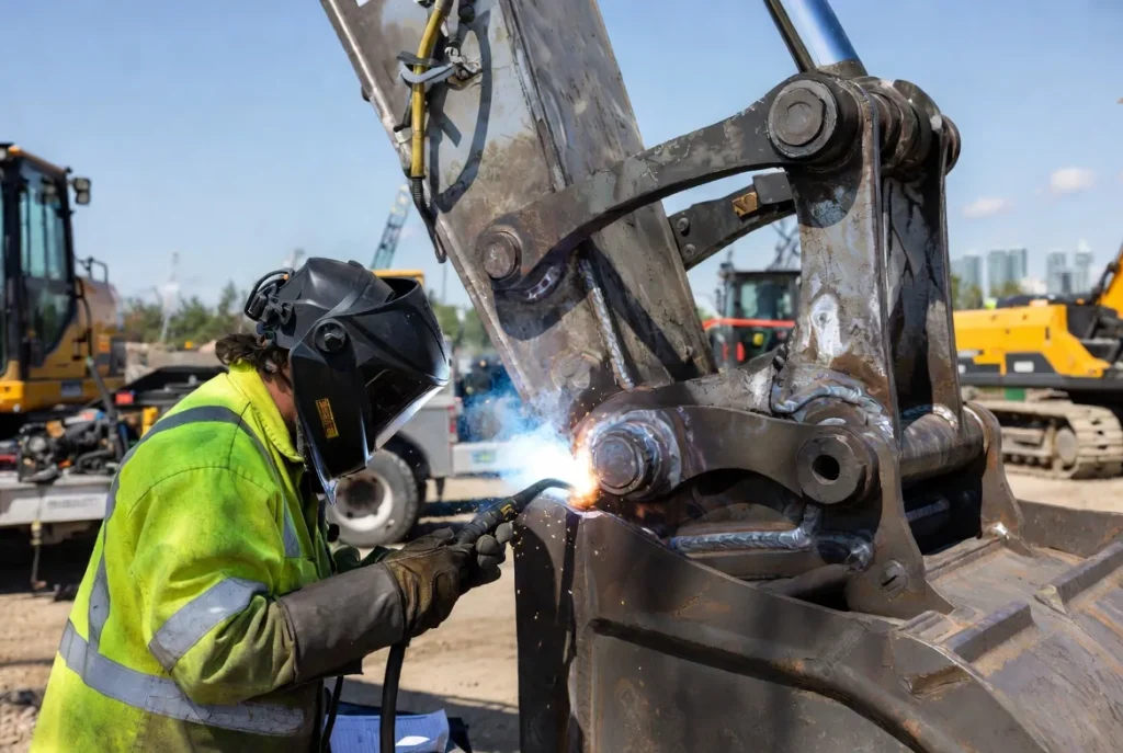 1 a CWB-certified CanaWelding mobile welder repairing a cracked excavator boom arm at an active GTA construction site.