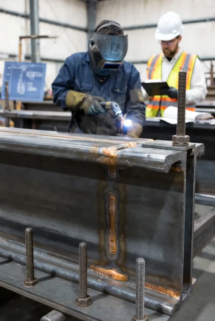 2 ! A CWB-certified welder in full PPE is finishing the pass while an engineer with clipboard inspects nearby