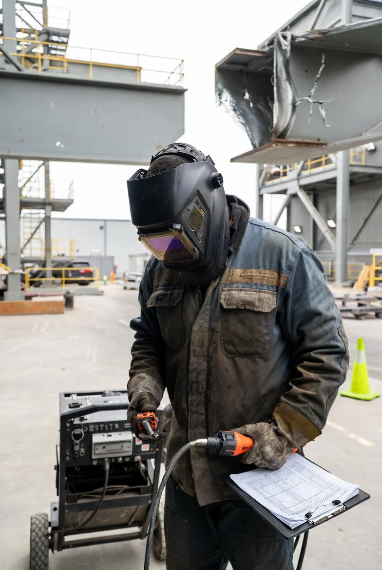 2 a certified welder arriving for an emergency assessment on a cracked steel beam at a GTA industrial facility