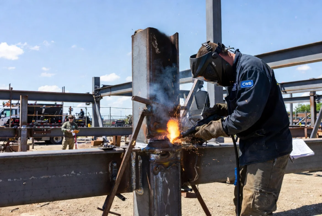 3 CWB welder completing a full-penetration weld on a failed column-to-beam connection