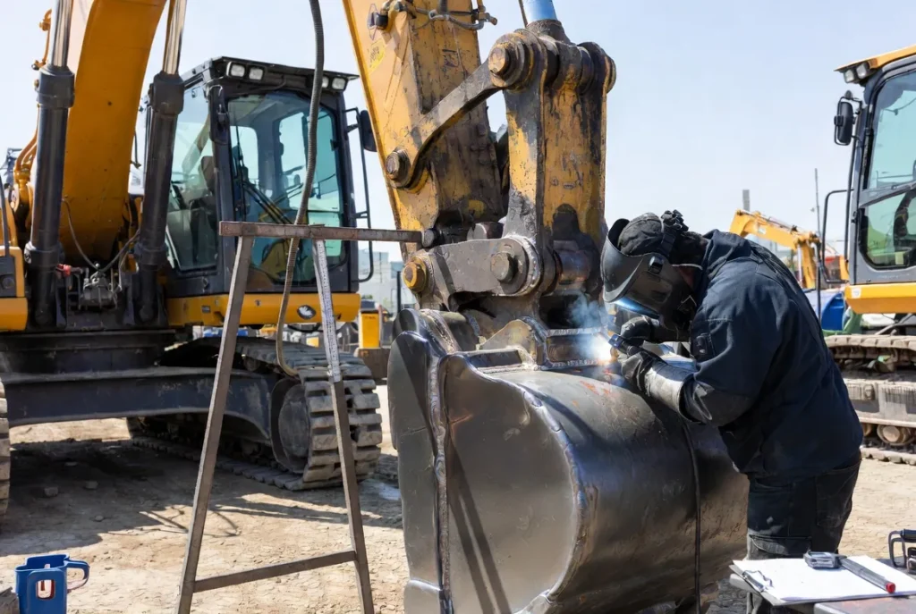 3 CWB welder completing a full-penetration weld on a fractured loader arm using proper Hardox filler