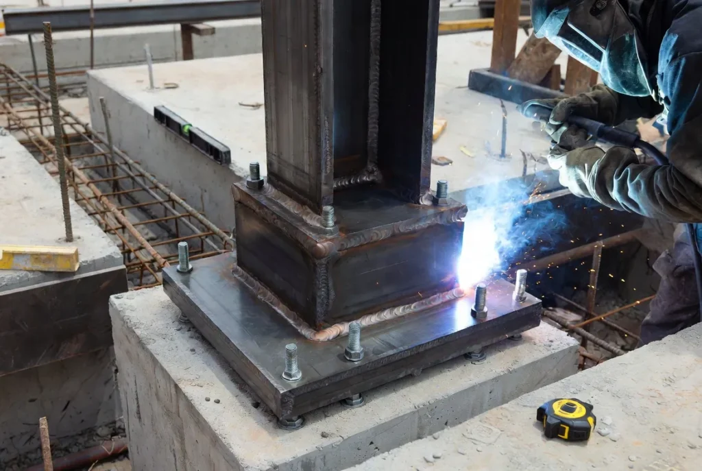 3 Heavy HSS column positioned perfectly, welder executing precise fillet welds
