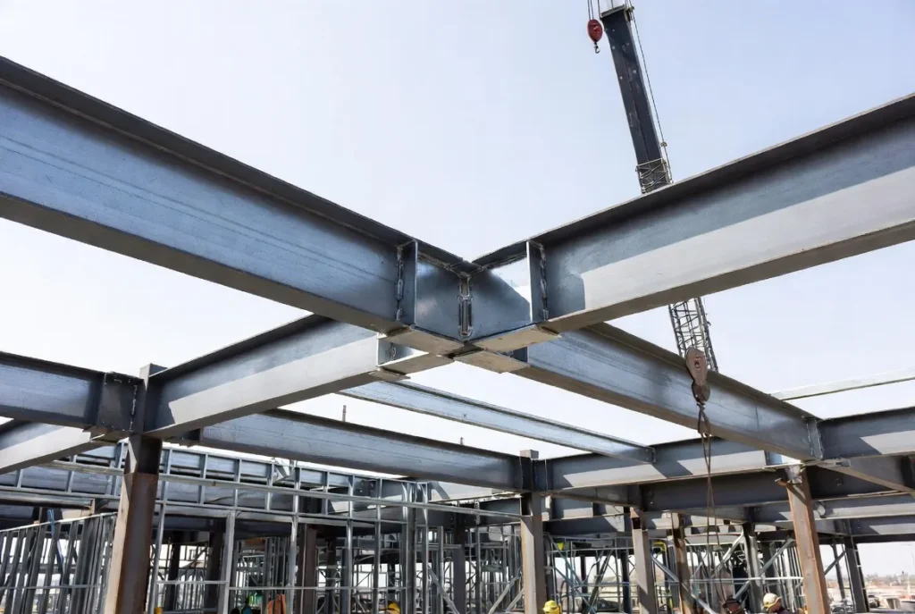 4 Bridging and gusset plates visible, full structural steel erection in progress with crane setting member