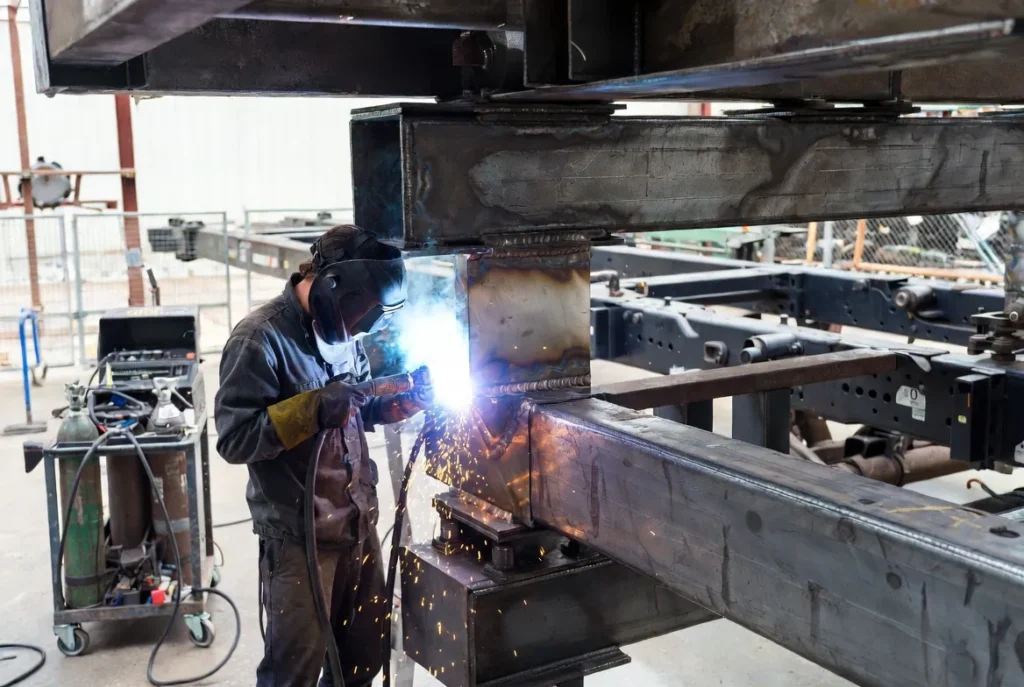 4 Welder positioning and welding new reinforcement plates on hardened steel, mobile welding cart and safety barriers visibl