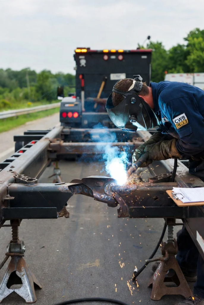 5 CWB-certified welder reinforcing a broken cross-member on a flatbed trailer roadside in the GTA