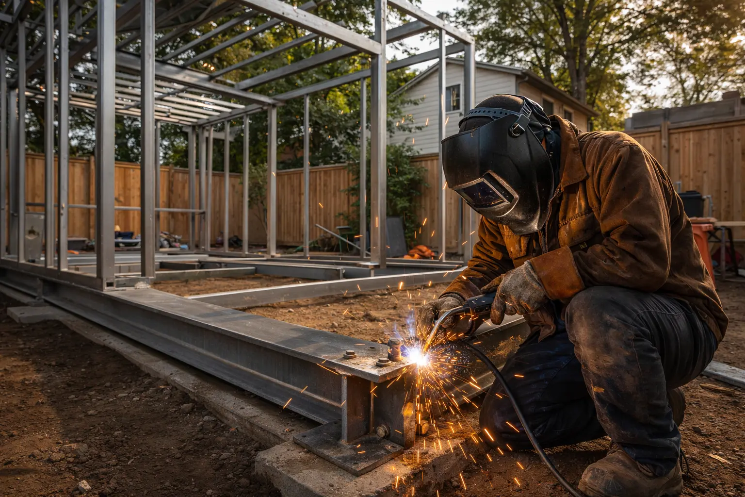 CWB-certified structural steel welder working on beam connections at a commercial construction site in the Greater Toronto Area