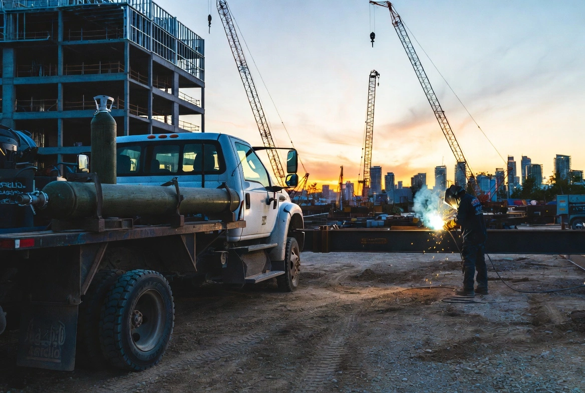 CanaWelding mobile welding service van parked in front of the Toronto skyline at golden hour