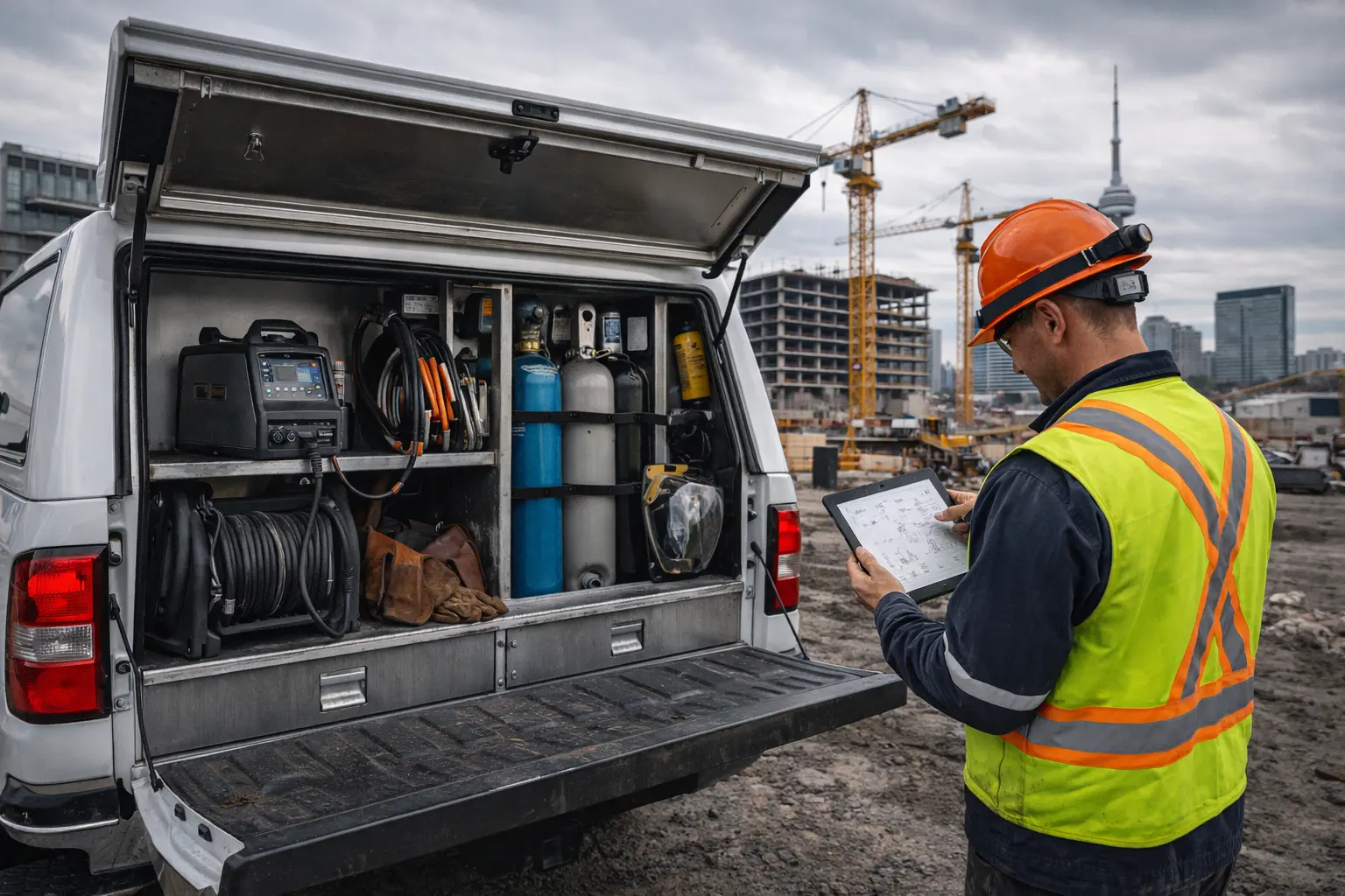 Mobile welding service truck fully equipped with inverter welder, gas cylinders, and tools at a GTA construction site with CN Tower visible