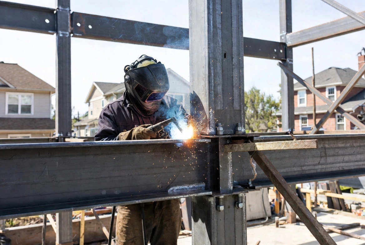 Welder in full safety gear welding a steel I-beam connection on a structural framing project in Toronto
