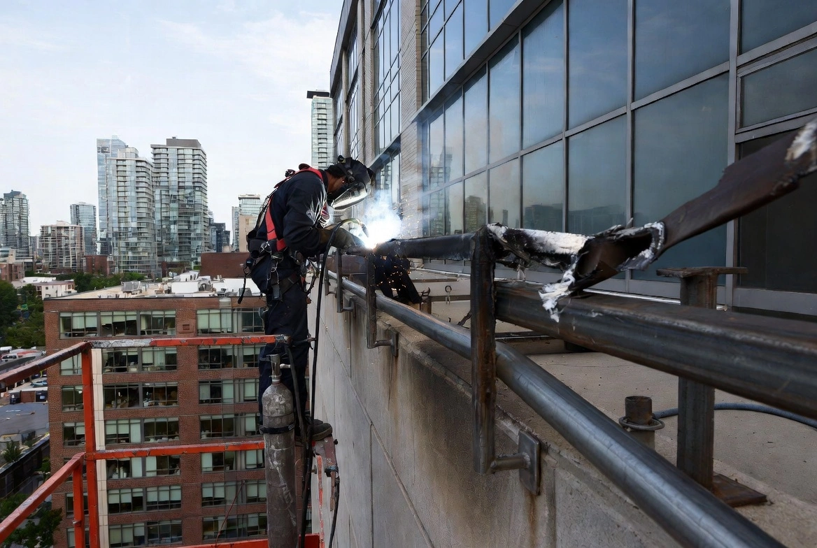 Welder performing structural rail repair on the exterior of a high-rise building in downtown Toronto
