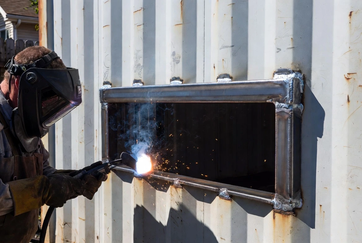 Welder cutting and framing a window opening in a steel shipping container during a container conversion project