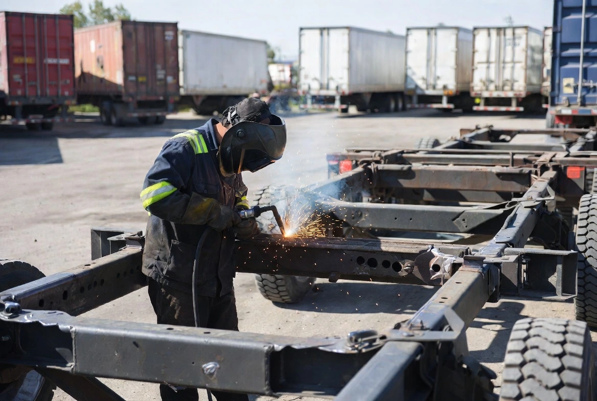Welder repairing a cracked trailer chassis frame in a busy transport yard with multiple trailers in the background
