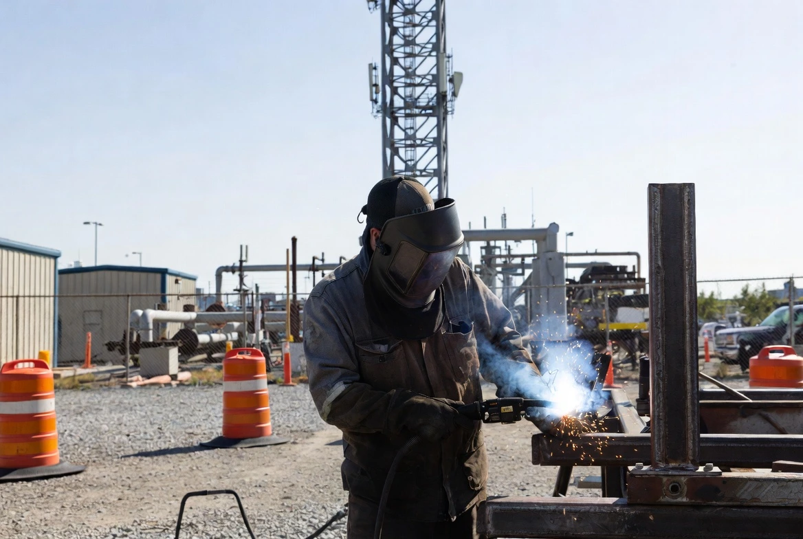Mobile welder on a utility infrastructure site near telecom towers repairing structural steel supports