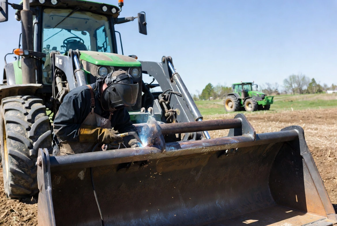 Mobile welder repairing a John Deere front loader bucket on a farm field with a tractor in the background