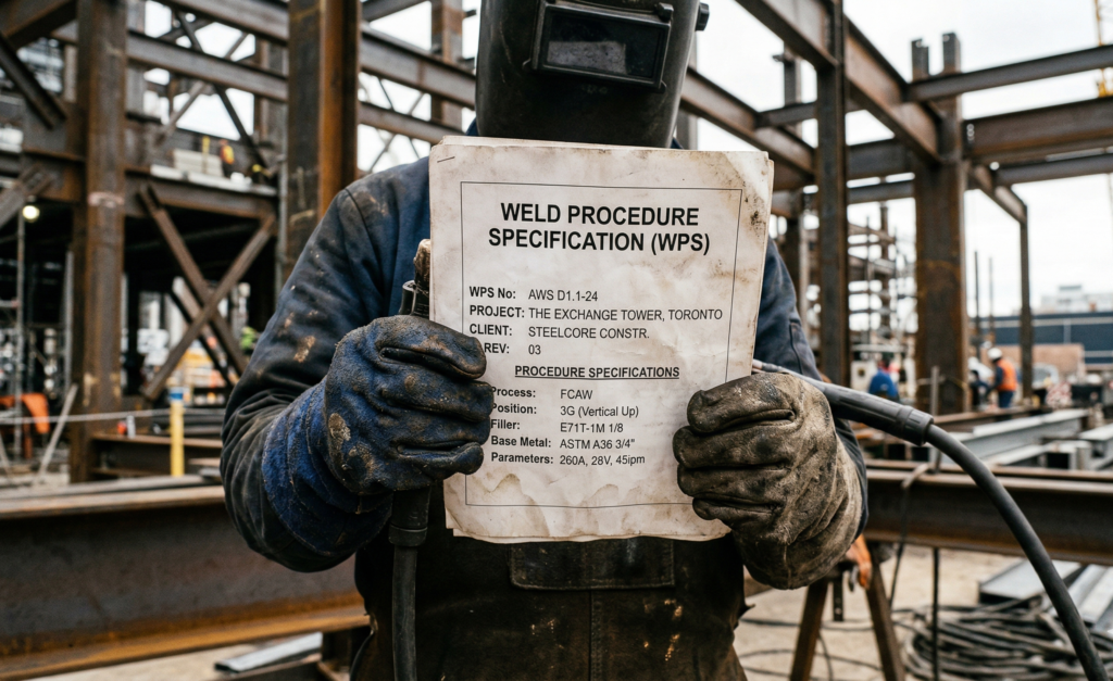 Welder holding a Weld Procedure Specification WPS-document.