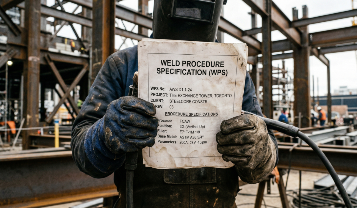 Welder holding a Weld Procedure Specification WPS-document.