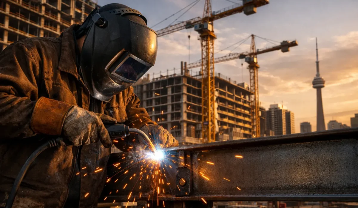 Welder performing on-site structural steel welding on a garden suite
