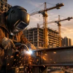 Welder performing on-site structural steel welding on a garden suite