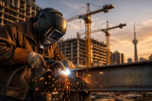 Welder performing on-site structural steel welding on a garden suite