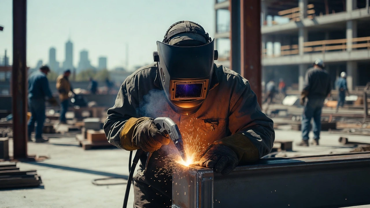 CanaWelding safety inspector reviewing hot work permit documentation on an active Toronto construction site with structural steel and fire extinguisher visible