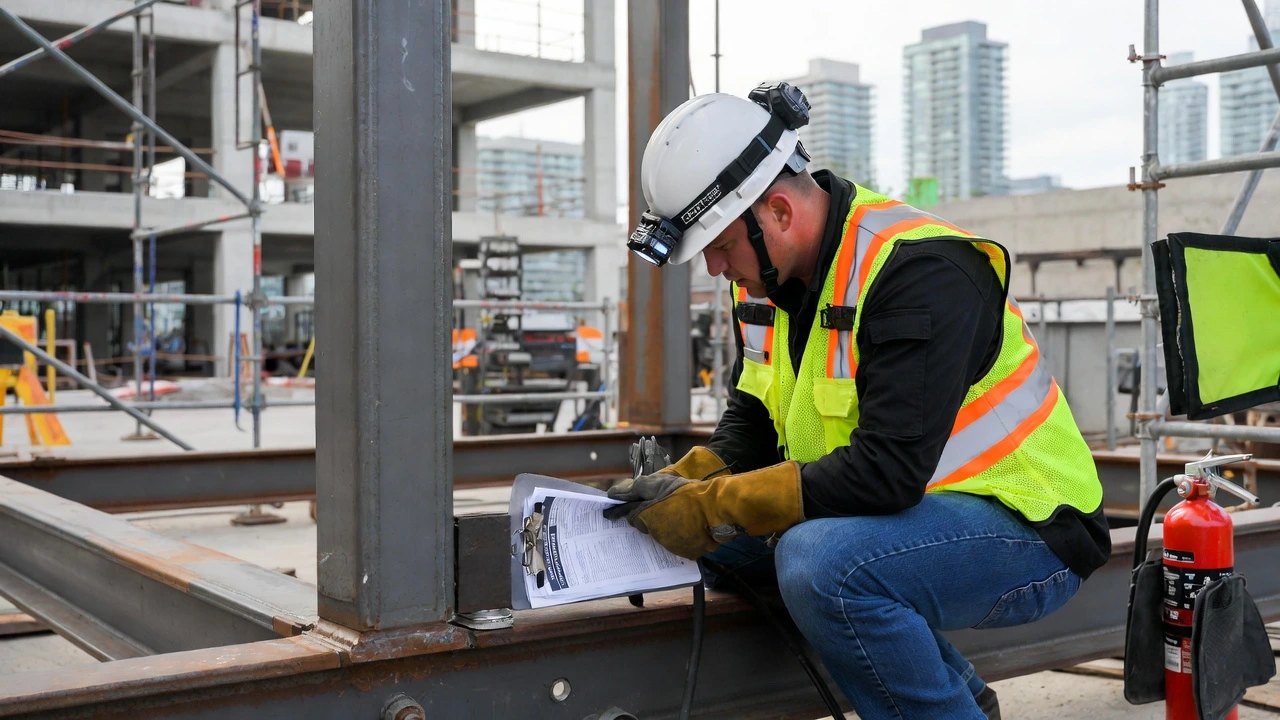 CanaWelding certified welder performing structural steel welding on a large GTA construction site with heavy equipment and other workers visible, demonstrating on-site welding safety practices